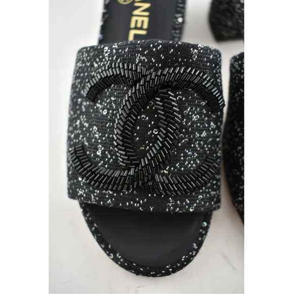 Chanel 19P Black White Fabric CC Logo Backless Slide Mule Sandal Block Heel 35 - Picture 5 of 12